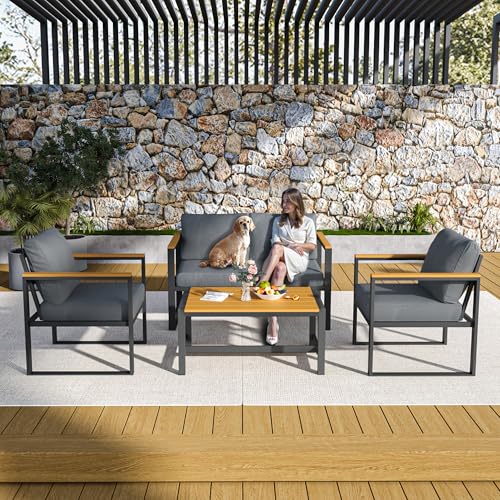 Pamapic 4 Pieces Outdoor Patio Furniture Set, Modern Metal Balcony Furniture with Plastic-Wood Coffee Table