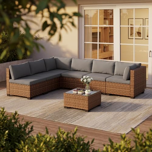 Qsun 7 Pieces Patio Furniture Set, Outdoor Sectional Rattan Sofa Set
