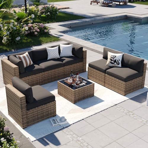 Aoxun wicker outdoor patio sectional with cushions and coffee table.