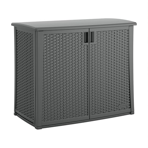 Suncast Resin Outdoor Storage Cabinet, Cool Gray Wicker Resin Outdoor Cabinet, Weatherproof