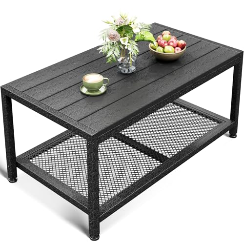 ODK Outdoor Coffee Table with Double-Layer Storage, Rectangle Weather-Resistant Patio Coffee Table for Garden, Balcony