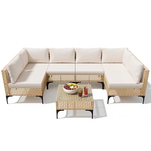Devoko Patio Furniture Set, 7 Pieces Outdoor Wicker Sectional Couch with Thick Cushions &Glass Tabletop