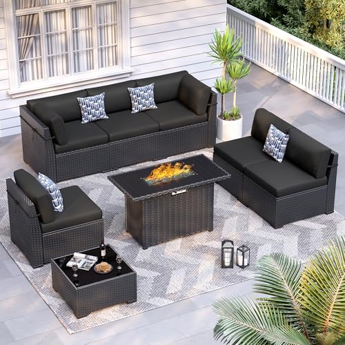 VONZOY 8 Piece Patio Furniture Set with 44” Fire Pit Table All-Weather Wicker Conversation Sectional Sofa & Coffee Table with