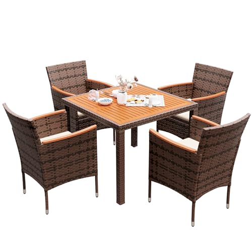 Devoko 5 PCS Furniture, Patio Conversation Set with Acacia Wood Top, Rattan Outdoor Dining Table and Chairs for Backyard