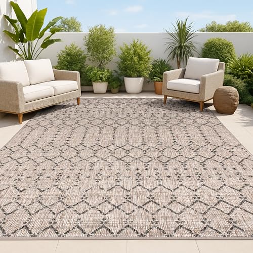 JONATHAN Y Moroccan Geometric Indoor Outdoor Area Rug 8X10 Natural/Black, Ourika Textured Weave for Backyard, Patio, Porch