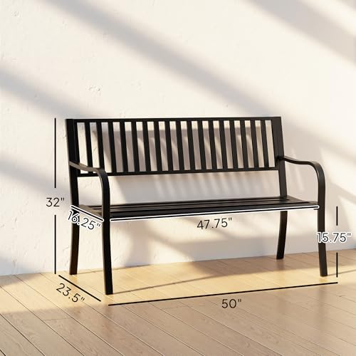 Outsunny 50" Outdoor Garden Bench, Patio Bench with Slatted Seat, Metal Porch Bench for Backyard, Poolside, Lawn, Black