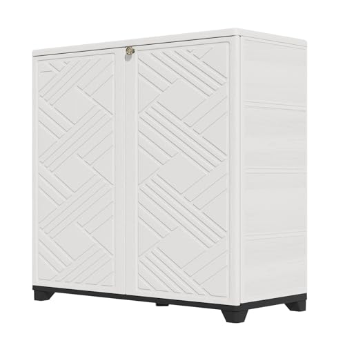 HOMSPARK Indoor/Outdoor Storage Cabinet with Doors, 34”x15”x34” HDPE Plastic Storage Box for Bedroom, Bathroom, Living Room