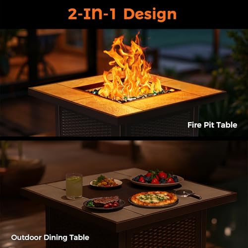 BALI OUTDOORS Propane Gas Fire Pit Table 32 inch 50,000 BTU Square Gas Firepits for Outside, Brown