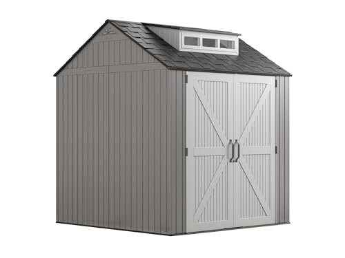 Rubbermaid Resin Outdoor Storage Shed With Floor (7 x 7 Ft) Weather Resistant Gray Organization for Home/Backyard/Garden Tool