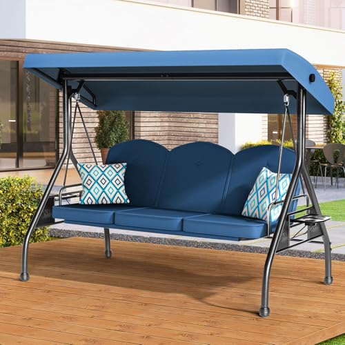 ZZW 3 Seat Outdoor Porch Patio Swing with Stand 800lbs 2-in-1 Convertible Swing Bed with Adjustable Canopy & Removable Cushio