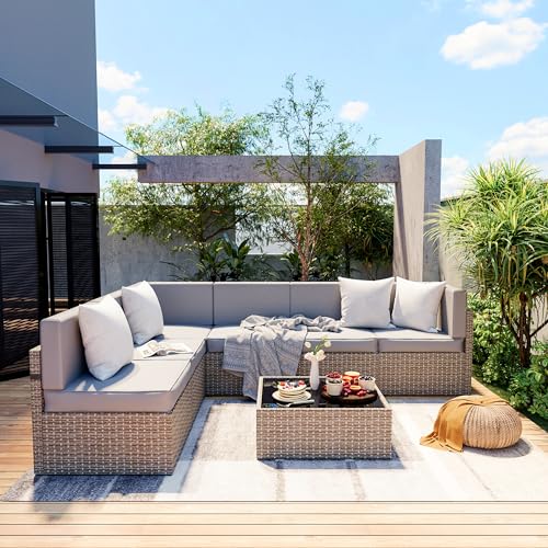 Pamapic 7-Piece Outdoor Sectional Furniture Set, All-Weather Wicker Patio Sofa with Washable Cushions