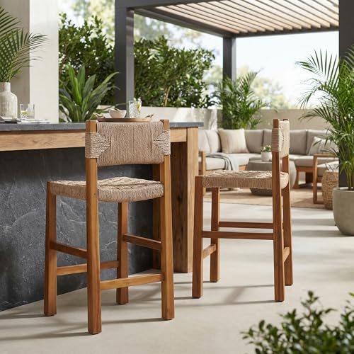 Christopher Knight Home 2-Pack Outdoor Counter Height Bar Stools with Backrest, Acacia Wood Frame Woven Wicker