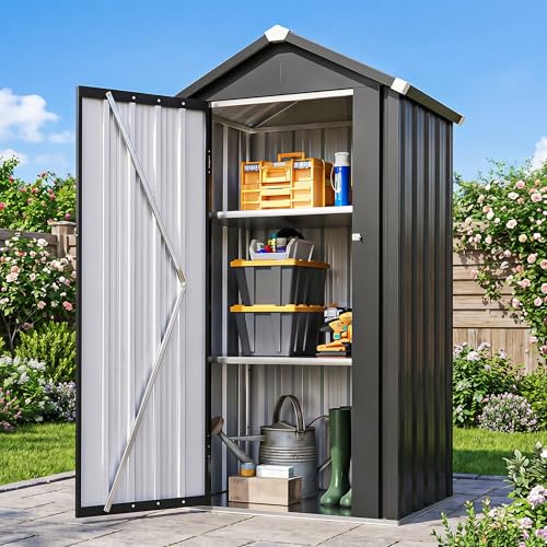 Aoxun Vertical Metal Tool Cabinet 2.5x2FT, 21 Cu.Ft Weatherproof Outdoor Storage Shed with Floor & Adjustable Shelves