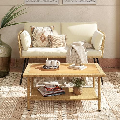 DWVO 2 Pieces Patio Furniture Set, All-Weather Wicker Rattan Loveseat with Thick Cushions & Table