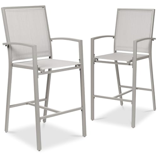 Best Choice Products Outdoor Bar Stools Set of 2, Bar Height, Patio Furniture, All Weather Mesh Design w/Armrest - Gray/Gray