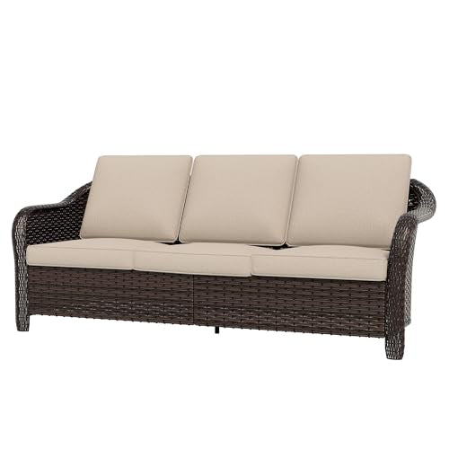 Qsoer 77 inch Outdoor Wicker 3 Seater Sofa, All-Weather Use Patio Rattan Sofa with Seat and Back Cushion, Ideal for Porch