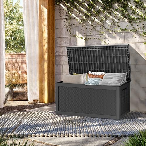 TARKARI 320 Gallon Lockable Resin Deck Box, Waterproof & UV-Resistant Outdoor Storage Box for Outdoor Cushion Storage, Garden Tools & Pool Accessories Storage, Black