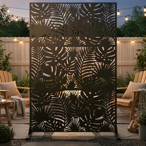 Freestanding metal patio privacy screen with decorative leaf pattern