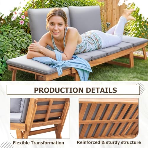 Devoko Outdoor Couch Acacia Wood Patio Couch with Adjustable Armrests, Outdoor Convertible Sofa with Removable Cushions & Pillows for Patio, Porch, Poolside(Grey)