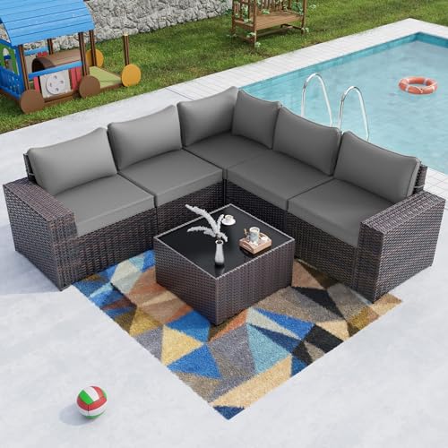 Kullavik 6PCS Outdoor Patio Furniture Set PE Wicker Rattan Sectional Sofa Patio Conversation Sets, Grey