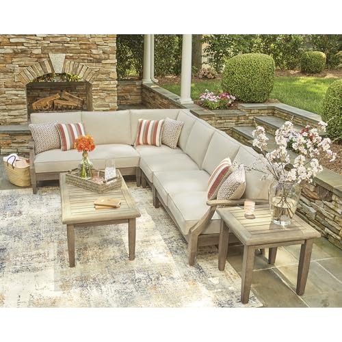 Signature Design by Ashley Clare View Left-Arm Facing Contemporary 4-Piece Outdoor Sectional with Cushion and 6 Throw Pillows, Beige