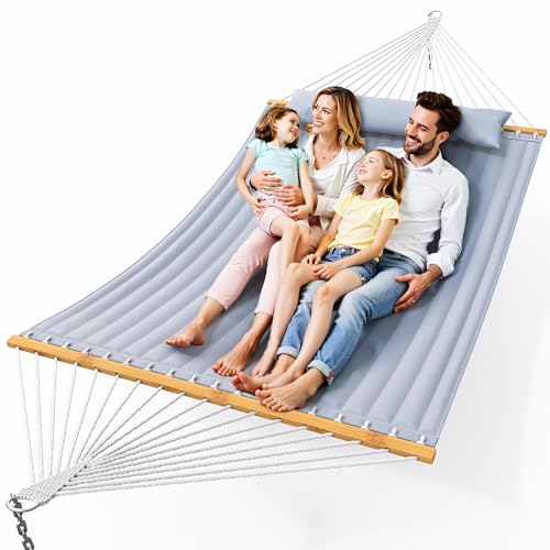 Everyfun Double Hammock with Spreader Bar, Soft Pillow, Max Load 500lbs, Portable Hammock for Outdoor, Camping, and Backyard
