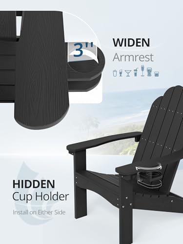 LUE BONA HDPE Adirondack Chairs Set of 4 - Weather Resistant Seating with Cup Holder for Patio, Fire Pit, Deck & Resort Garden, Black
