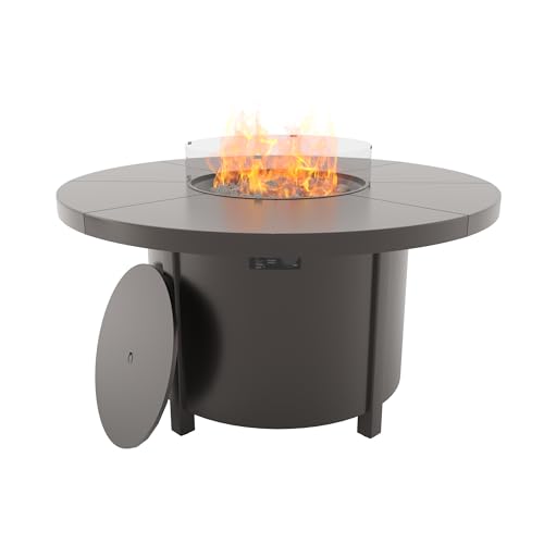 RTDTD 48" Round Propane Fire Pit Table, 55000 BTU Round Firepit, Outdoor Fire Pit with Fire Glass, Lid