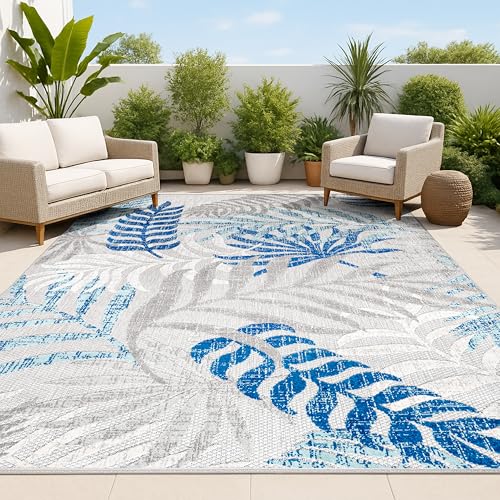 JONATHAN Y Tropics Palm Leaves Indoor Outdoor Area Rug 8X10 Gray/Blue, Boho for Backyard, Patio, Porch, Easy-Cleaning