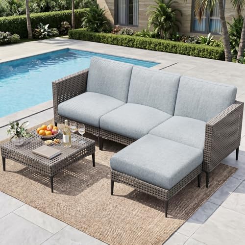 Jocoevol 5 Pieces Outdoor Patio Conversation Set – Rattan L-Shaped Corner Sofa Comfortable Thickening Cushions for Garden