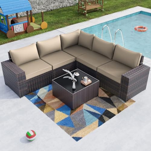 Kullavik 6PCS Outdoor Patio Furniture Set PE Wicker Rattan Sectional Sofa Patio Conversation Sets, Khaki