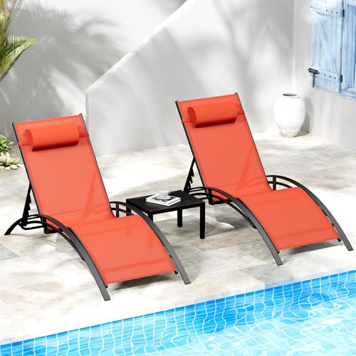 AthLike 3 pcs Poolchairs Patio Chaise Lounge Set with Headrest