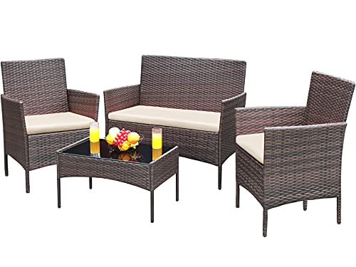 Greesum Patio Furniture 4 Pieces Conversation Sets Outdoor Wicker Rattan Chairs Garden Backyard Balcony Porch Poolside lovese