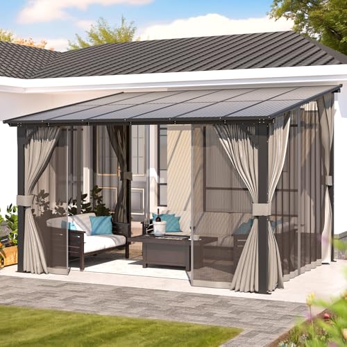 AECOJOY Wall Gazebo 12’ x 10’ with Curtains and Mosquito Netting, 10'x12' Hard Top Gazebos Pergola on Clearance