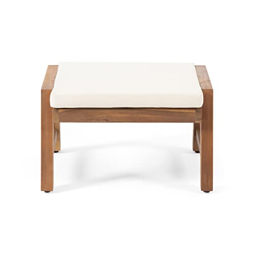 Temecula Outdoor Ottomans with Cushion (Set of 2) - Acacia Wood - Brown/Cream