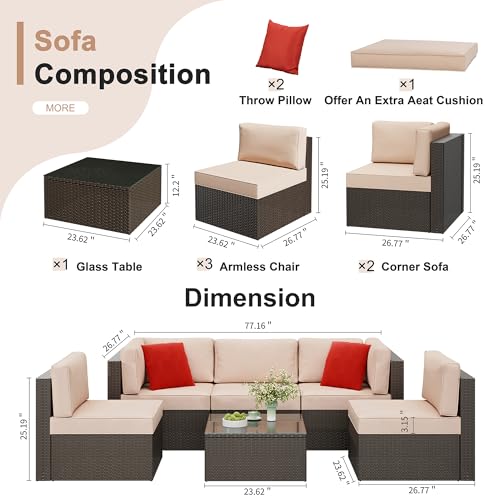 Shintenchi 6 Pieces Patio Furniture Sets Outdoor All-Weather Sectional Patio Sofa Set PE Rattan Manual Weaving Wicker Patio Conversation Set with Glass Table&Ottoman Cushion and Red Pillows, Beige
