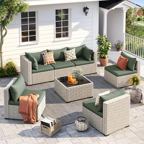 UDPATIO Outdoor Patio Furniture Set, 7-Piece PE Wicker Sectional Sofa with Tea Table, Outdoor Conversation Set for Patio