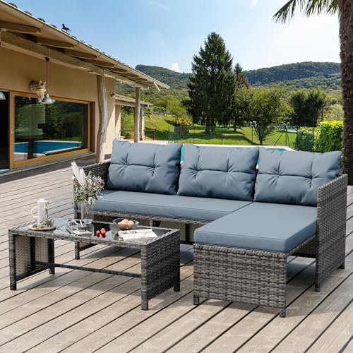 Shintenchi 3 Pieces Outdoor Patio Furniture Sets, Wicker Patio Conversation Sets