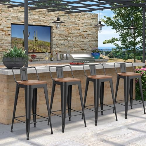 HAOBO Home 24" Outdoor Barstools Patio Stool Metal Bar Stools Set of 4 Counter Height Barstools with Wood Plastic Seat Indust
