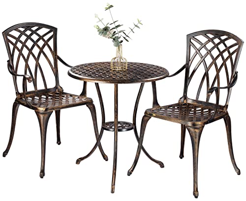 ZOTORUN Bistro Set 3 Piece Rustproof Cast Aluminum Patio Furniture Sets Round Table with Umbrella Hole for Outdoor, Patio