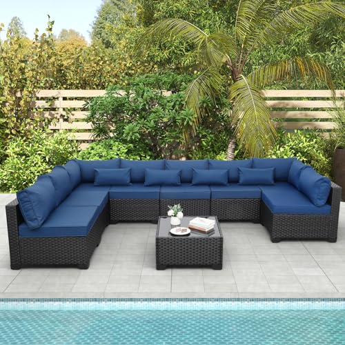 Rattaner 9 Pieces Outdoor Sectional All-Weather Wicker Patio Furniture Set Patio Sectional and Glass Patio Table Non-Slip Cus