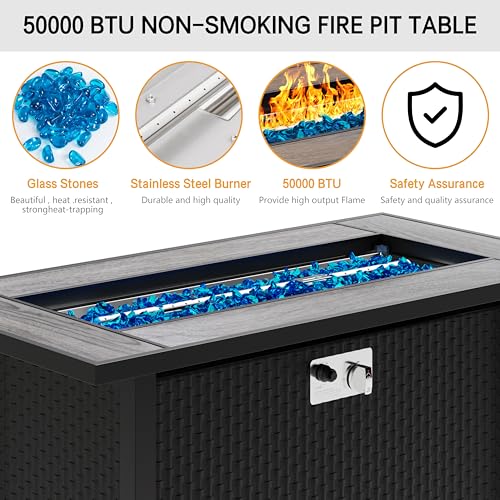 Meilocar 45in Fire Table, Propane Fire Pit with Glass Wind Guard and Rain Cover, Outdoor Firepit Table 50000 BTU 3-in-1 Fire Table for Patio/Yard/Balcony, Gray Tabletop