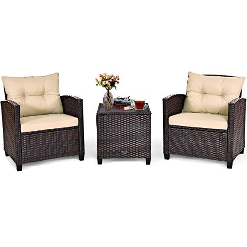 COSTWAY 3PCS Patio Furniture Set, PE Rattan Wicker Sofa w/Washable Cushion and Coffee Table, Tempered Glass Tabletop
