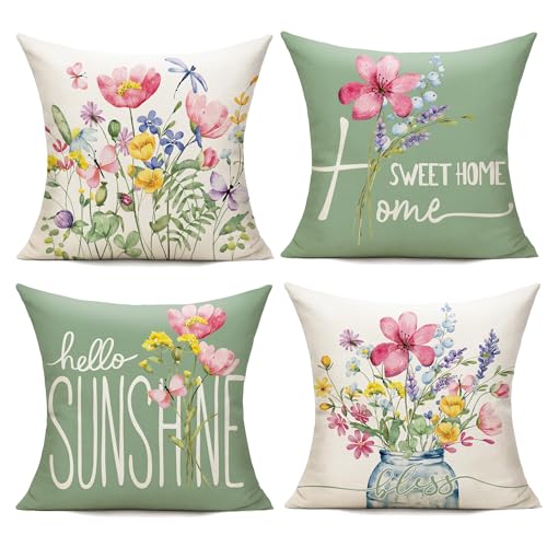 WOKANI Outdoor Throw Pillow Covers 18x18 Set of 4 Spring Summer Garden Flowers Farmhouse Patio Decorative Cushion Covers Home