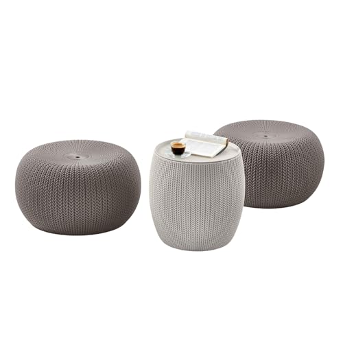 KETER Urban Knit Pouf Ottoman Set of 2 with Storage Table for Patio and Room Décor-Perfect for Balcony, Deck