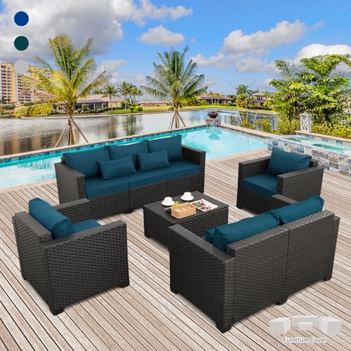 Rattaner Patio Furniture Set 5 Pieces Outdoor Furniture Sets Patio Couch Outdoor Chairs Coffee Table Peacock Blue Anti-Slip C