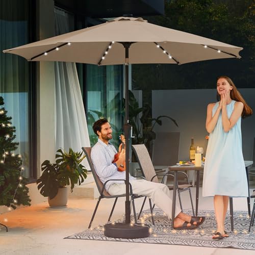 JEAREY 9FT Outdoor Patio Umbrella with Solar Lights, LED Lighted Pool Umbrella with Tilt and Crank, Outdoor Table Umbrellas for Deck, Yard & Market (Beige)