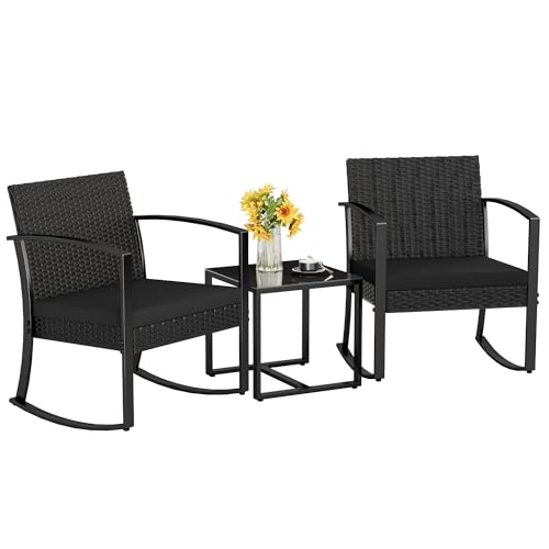 Homall Patio Furniture Set 3 Piece Resin Outdoor Bistro Set Rocking Patio Chairs with Cushions and Table for Porch, Poolside