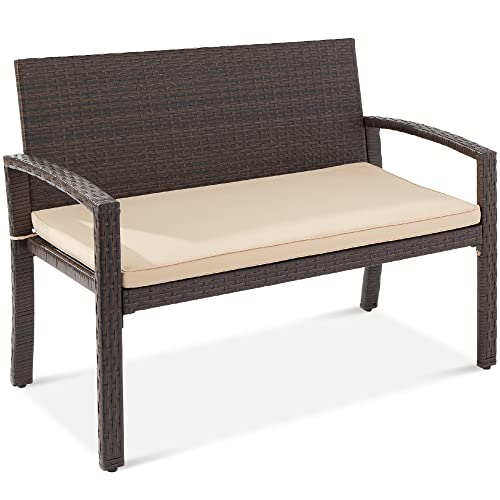 Best Choice Products Outdoor Bench 2-Person Wicker Garden Patio Benches Seating Furniture for Backyard, Porch w/Seat Cushion