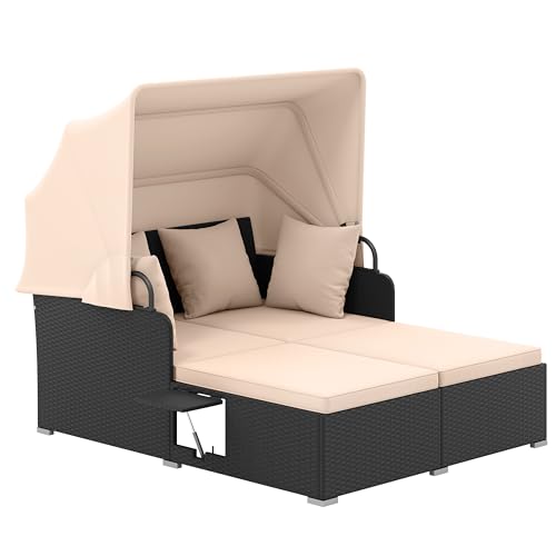 Tangkula Patio Rattan Daybed with Retractable Canopy, Outdoor Wicker Sunbed Lounger with 2 Foldable Side Tables